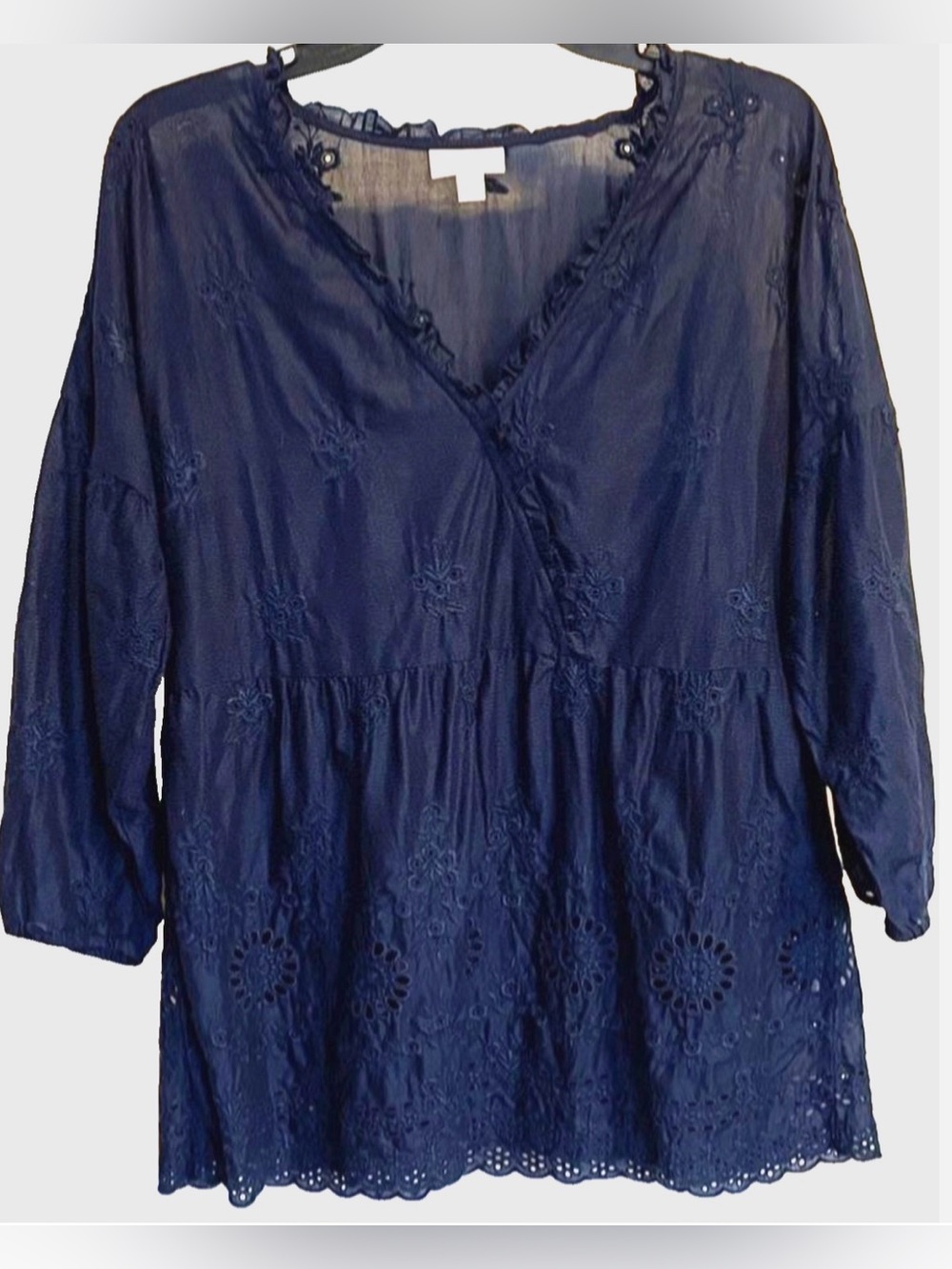 J.Jill Eyelet Embroidered Tunic Blouse XS Navy Cotton Boho Peasant Top